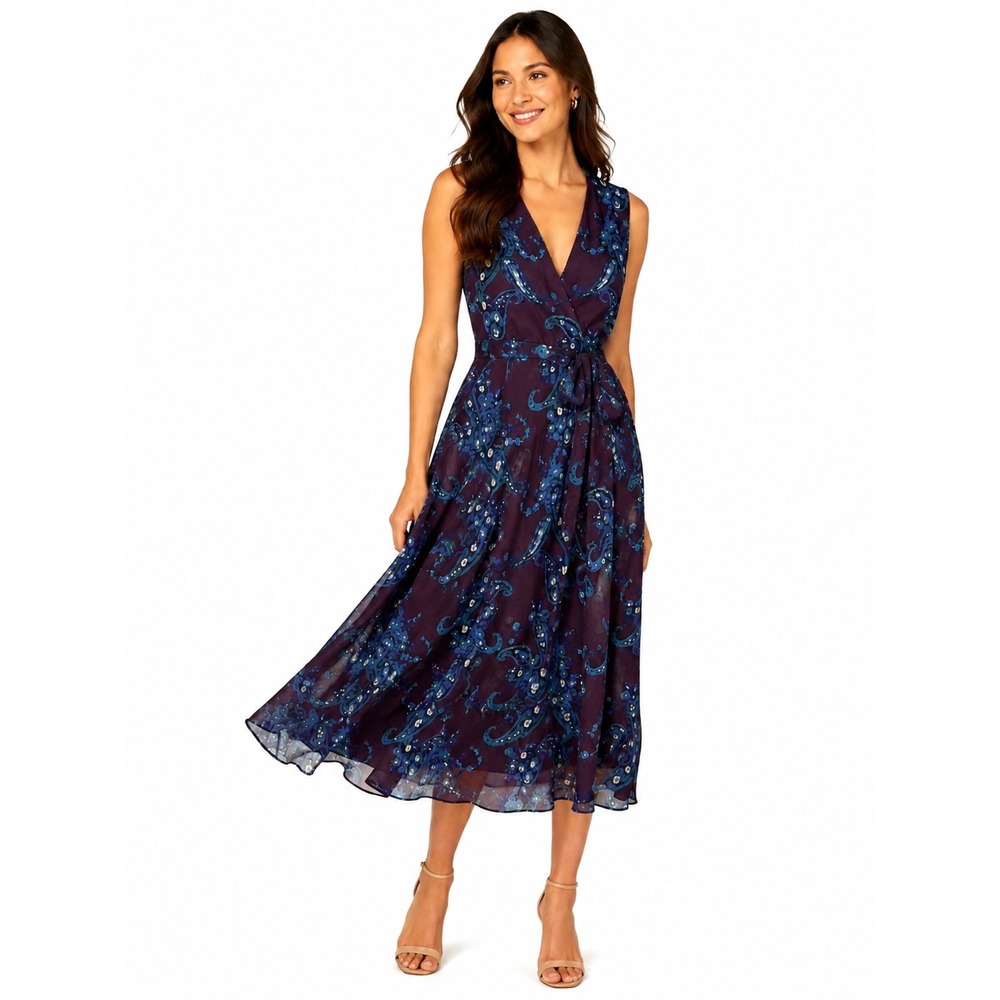 Cabi 3461 Purple Paisley Faux Wrap Midi Dress Sleeveless Pockets Plum Womens 10